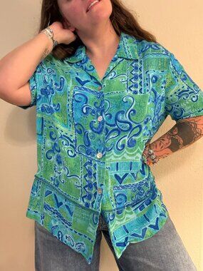Vintage 90s CM Shapes Blue Green Printed Button Down Blouse L/XL